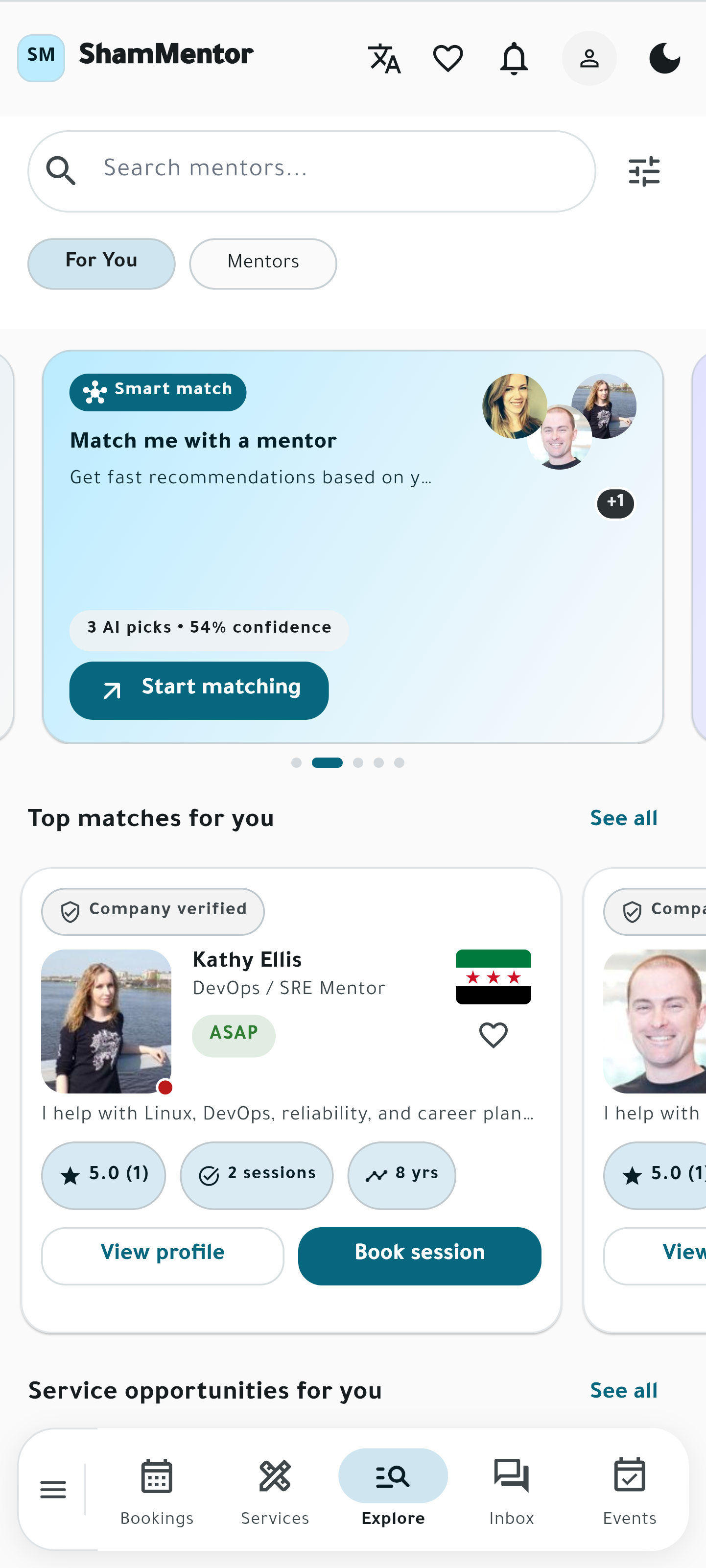 ShamMentor explore interface preview